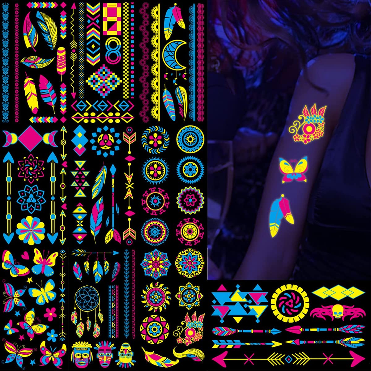 MAYCREATE 10 Sheets Temporary Tattoos Sticker Glow in The Dark Assorted Patterns Fun UV Neon Body Face Fake Tattoos for Women Men Rave Festival Party, Waterproof Multi MAYCREATE 10 Sheets Temporary Tattoos Sticker Glow in The Dark Assorted Patterns Fun UV Neon Body Face Fake Tattoos for Women Men Rave Festival Party, Waterproof Multi